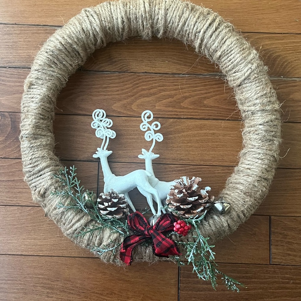 Handmade Rustic Holiday Wreath with Reindeer and Pinecones